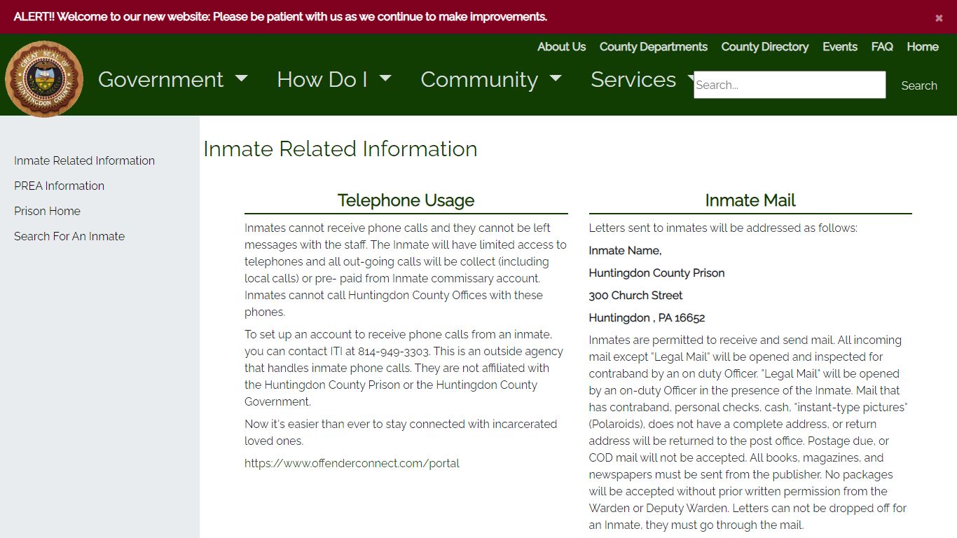 Huntingdon County PA - Inmate Related Information